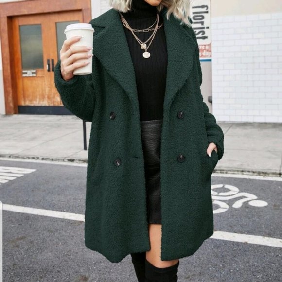 Green Faux fur teddy pea coat contemporary - Picture 5 of 5